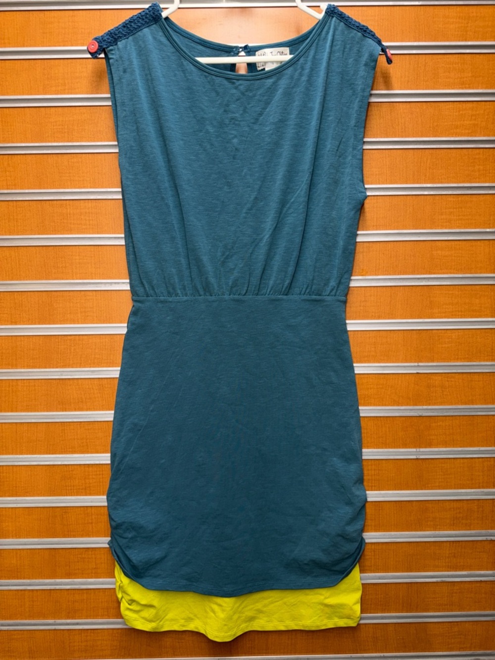 Teal Sleeveless Shift Dress with Yellow Hem